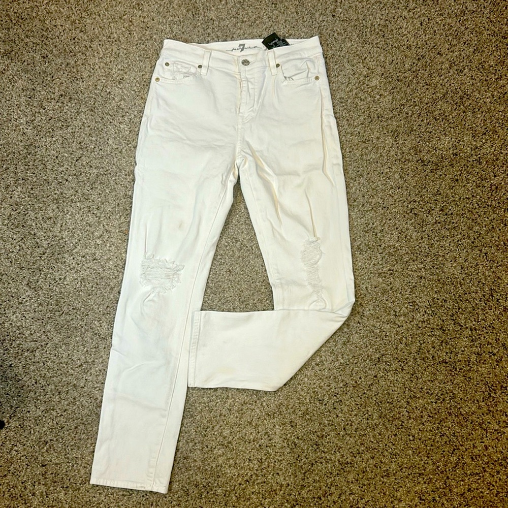 7 For All Mankind Destroyed Zip Josefina White Denim Jeans 25